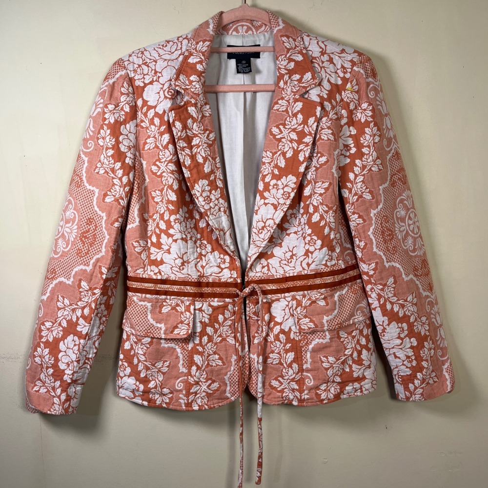 Y2K Focus 2000 Orange Floral Damask Linen Blend Tie Front Blazer Jacket 10